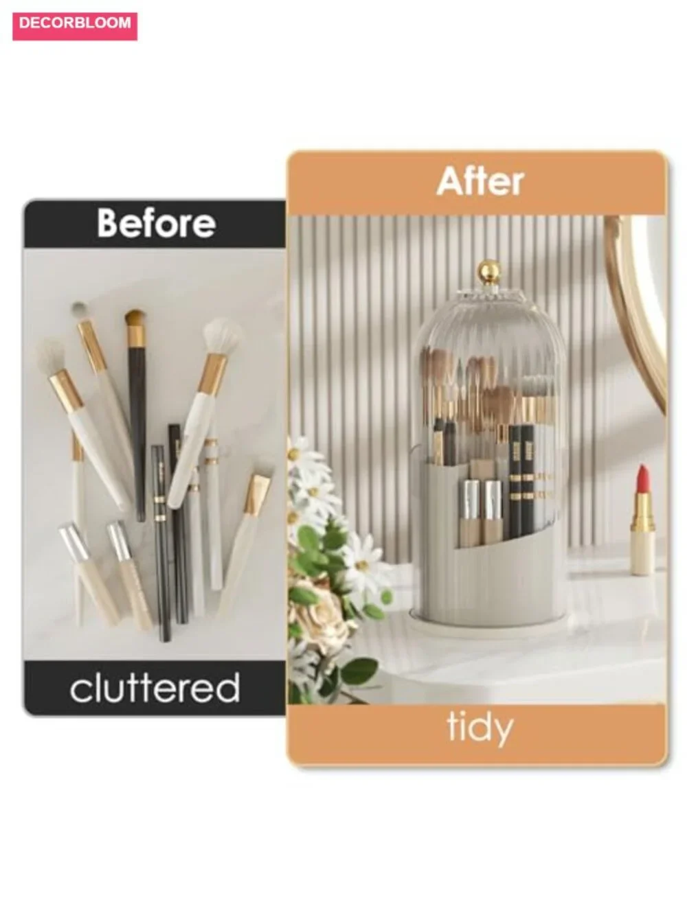 360 Rotating Makeup Brush Holder with Lid Dustproof Organizer